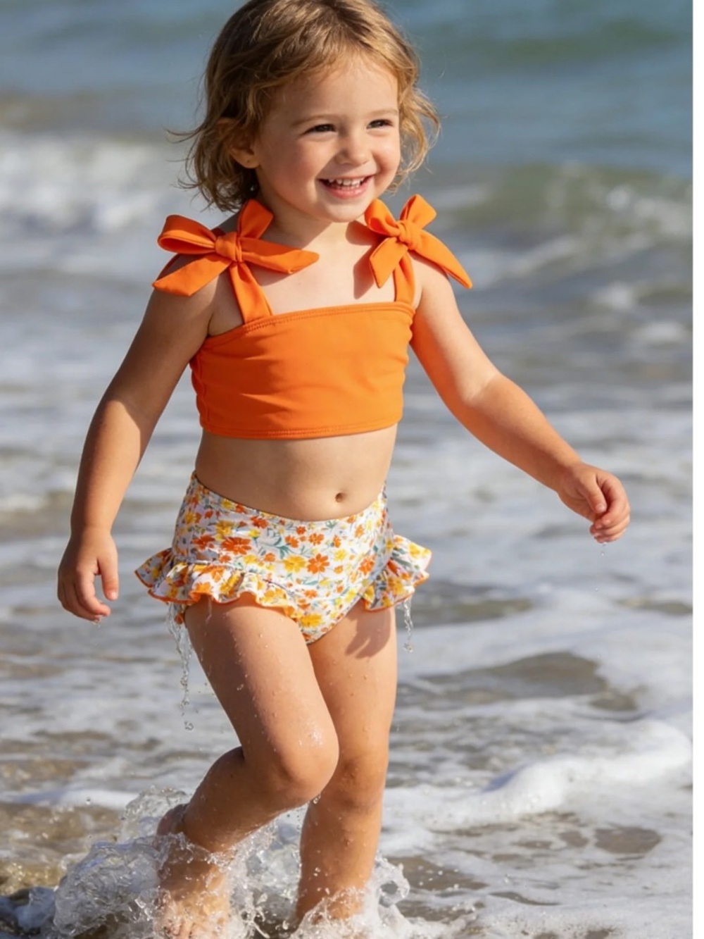 NWT Happy Town Toddler Orange Floral Two Piece Swimsuit-5T/6T - Picture 3 of 10